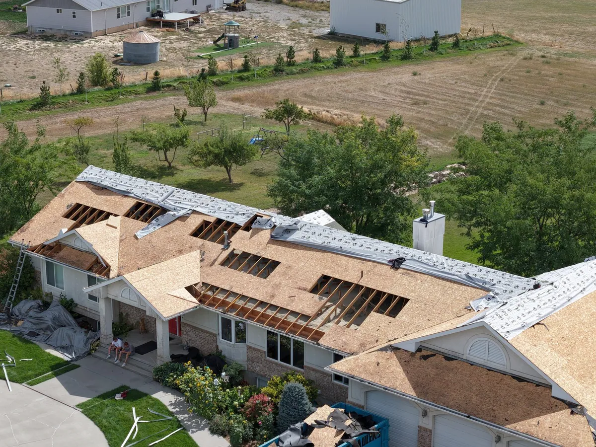 Exposed roof decking during a roof replacement